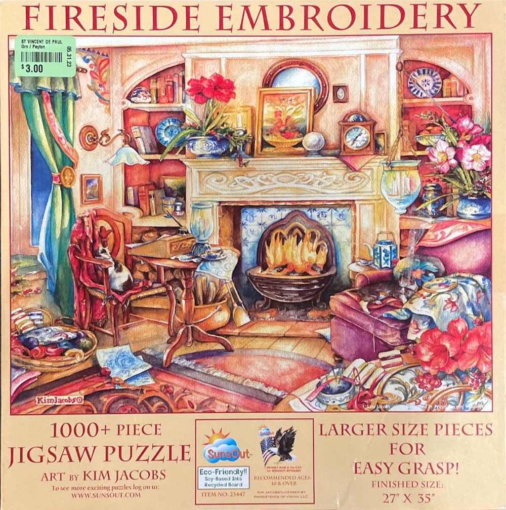 Fireside Embroidery - SunsOut puzzle collectible [Barcode 796780234475] - Main Image 2