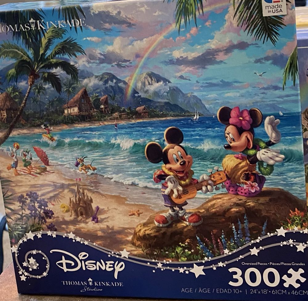 Ceaco / TK (300 | 24x18): Mickey and Minnie in Hawaii - Ceaco / Thomas Kinkade puzzle collectible [Barcode 021081222723] - Main Image 2