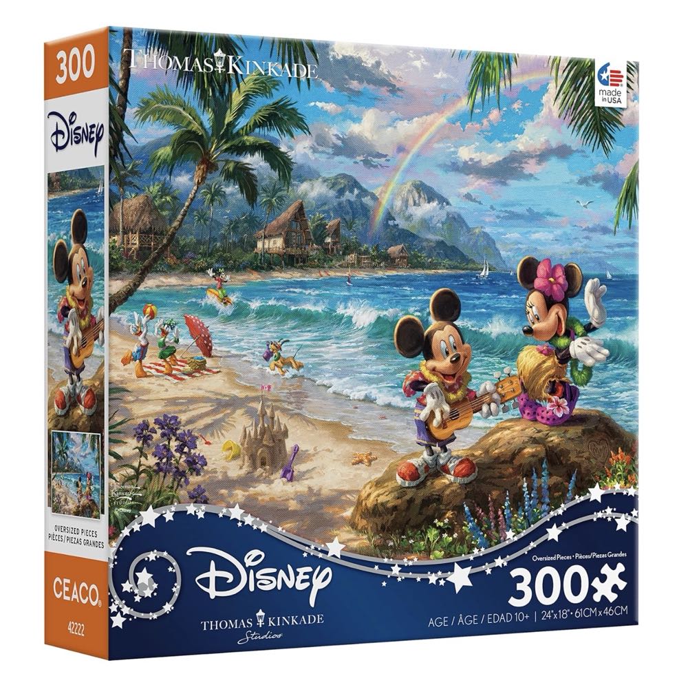 Ceaco / TK (300 | 24x18): Mickey and Minnie in Hawaii - Ceaco / Thomas Kinkade puzzle collectible [Barcode 021081222723] - Main Image 3