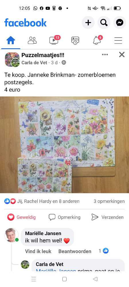 Janneke Brinkman. Zomerbloemen Postzegels. - Jumbo puzzle collectible - Main Image 2