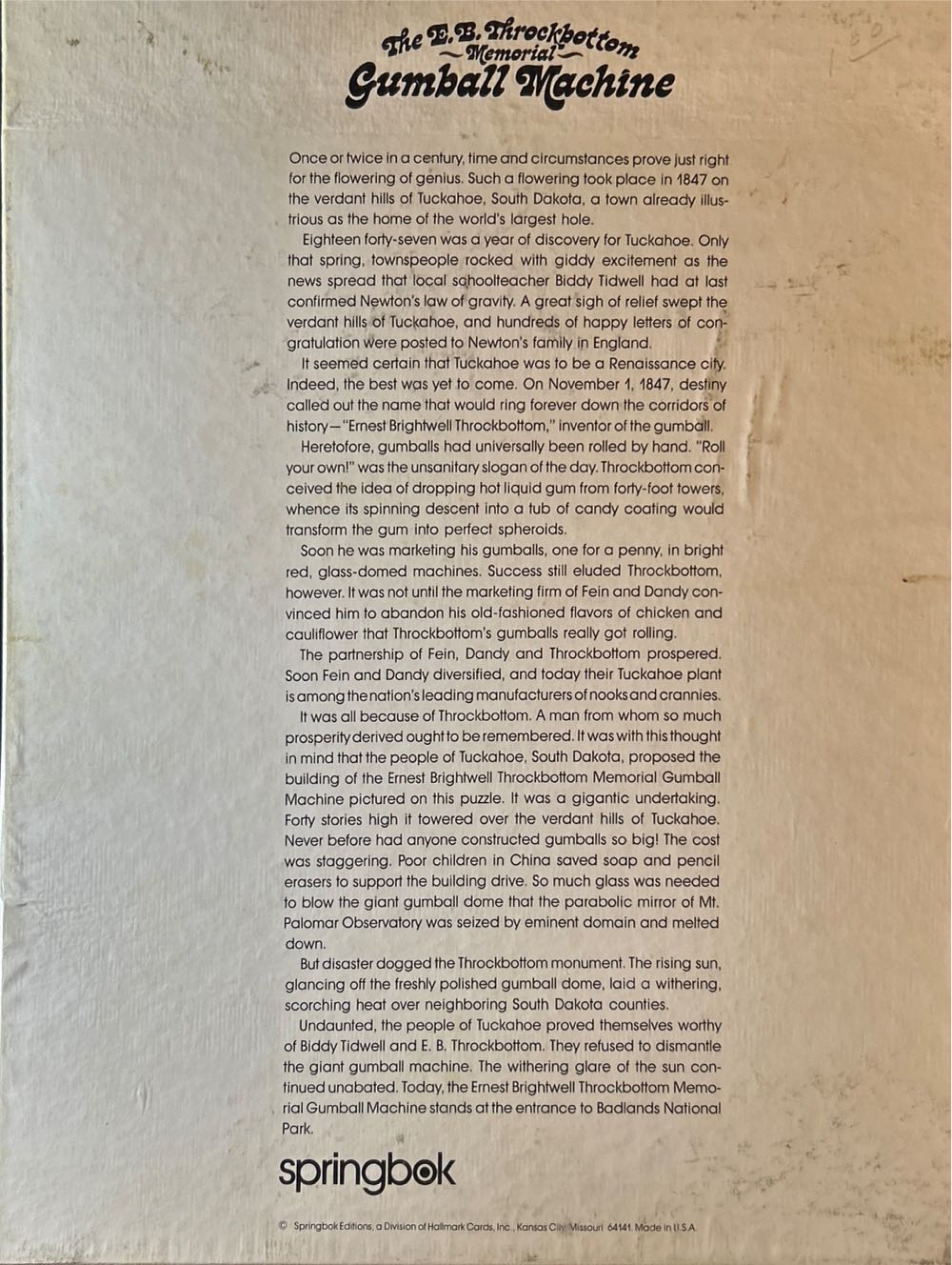 The E. B. Throckbottom Memorial Gumball Machine-SOLD - Springbok puzzle collectible - Main Image 2