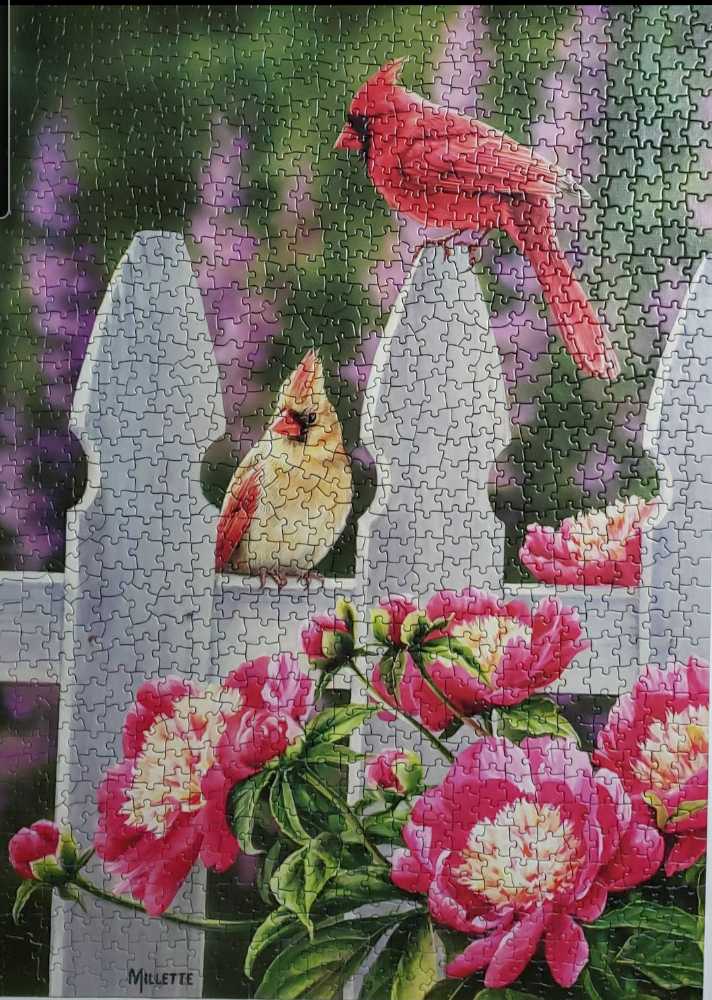 Cardinals And Peonies - Cobble Hill puzzle collectible [Barcode 625012800105] - Main Image 2
