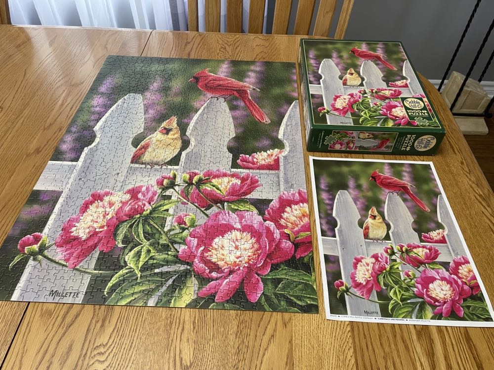 Cardinals And Peonies - Cobble Hill puzzle collectible [Barcode 625012800105] - Main Image 3