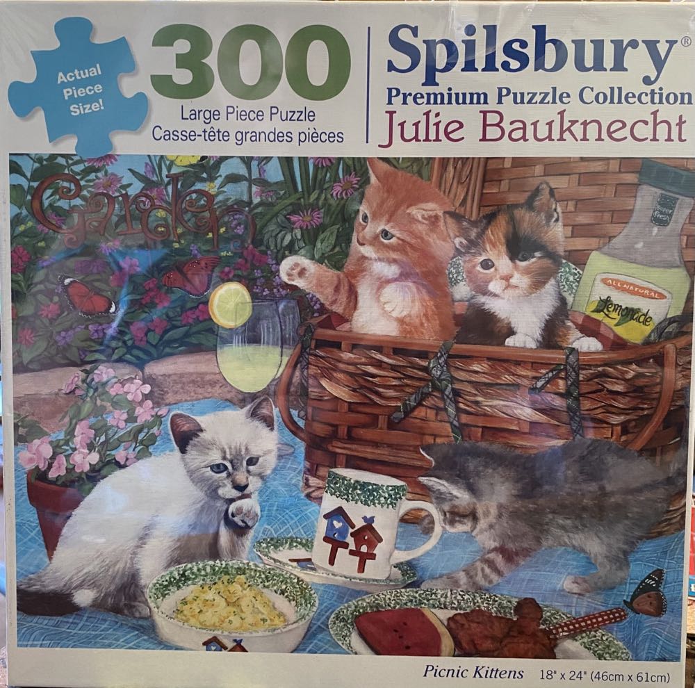 300 Piece Julie Baukneht Art Puzzle ”picnic Kittens” New 18”x 24” Large Pieces - Spillsbury Puzzle Co. puzzle collectible [Barcode 810061441724] - Main Image 2