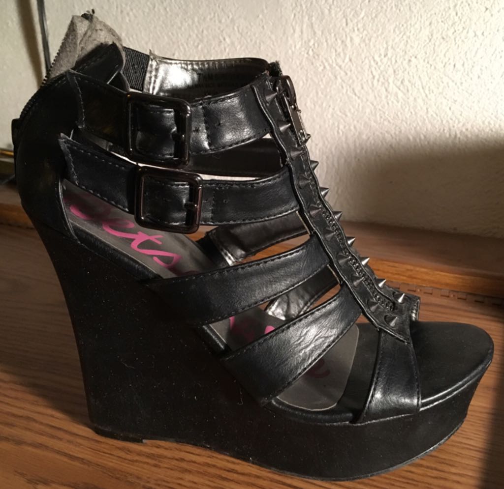 Black Healed Open Toe Slingback Satin Like