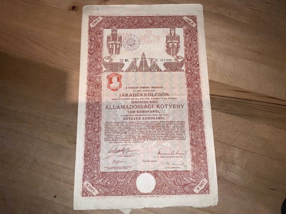 Staatsschuldverschreibung Auf Den Inhaber Königreich Ungarn  stamp collectible - Main Image 2
