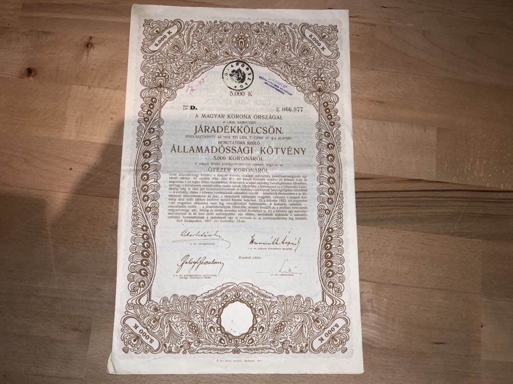 Staatsschuldverschreibung Auf Den Inhaber Königreich Ungarn  stamp collectible - Main Image 2