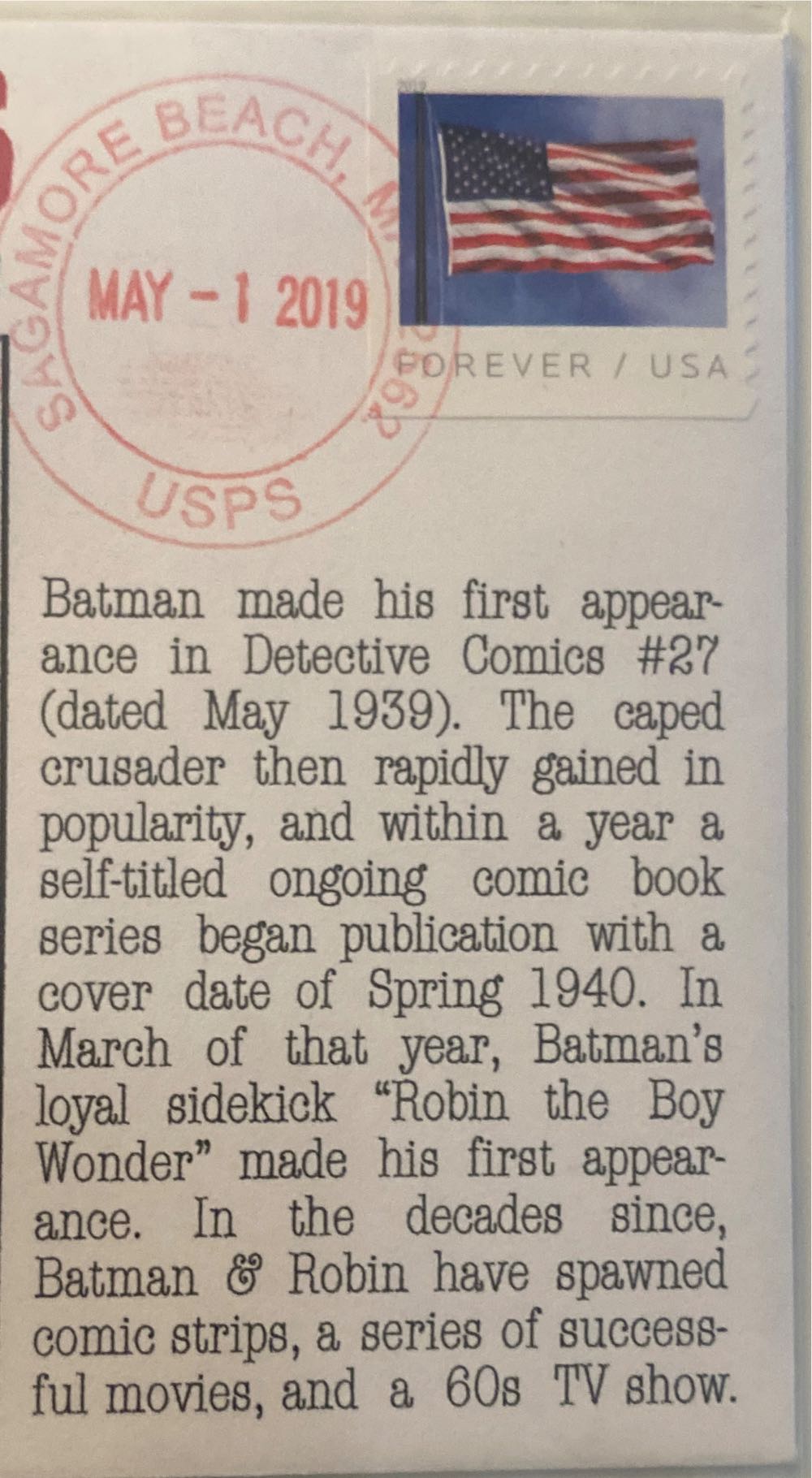 Batman Arrives May 1st 1939  stamp collectible - Main Image 3