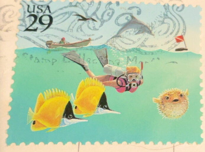 Wonders Of The Sea: Diver With Dolphin And Motorboat  stamp collectible - Main Image 2
