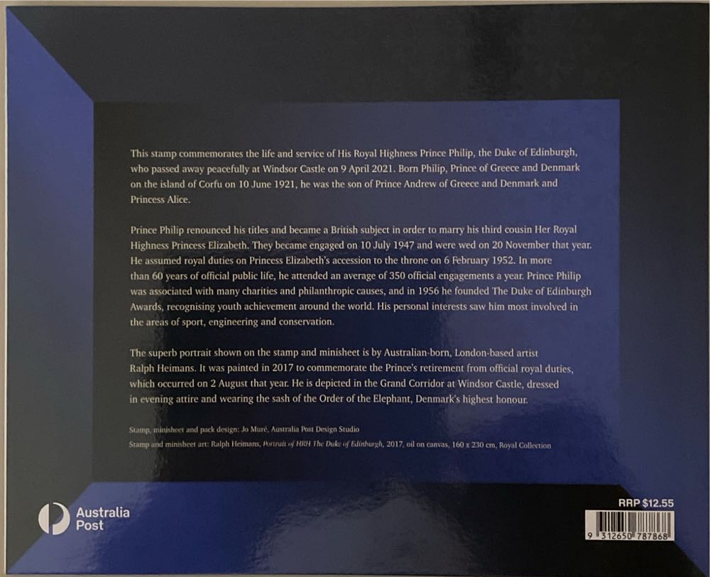 Pack Australia In Memoriam Hrh Prince Philip Sheetlet  stamp collectible [Barcode 9312650787868] - Main Image 2