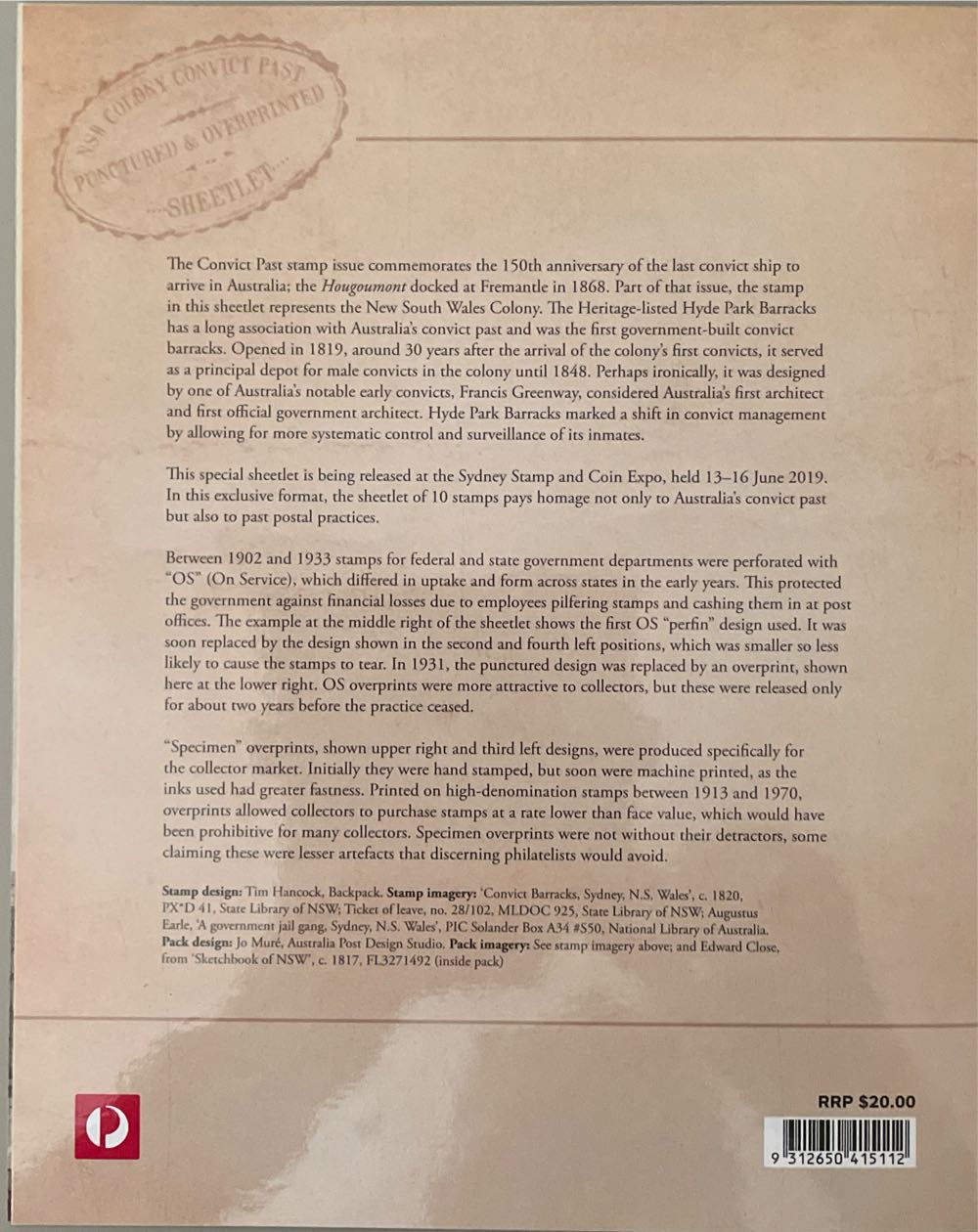 Pack Australia Nsw Colony Convict Past Os & Specimen Sheetlet  stamp collectible [Barcode 9312650415112] - Main Image 2