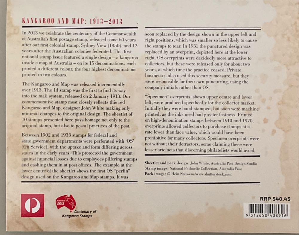 Colonial Heritage Australia Kangaroo And Map 1913 - 2013  stamp collectible [Barcode 9312650408916] - Main Image 2