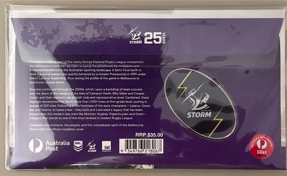 Australia Melbourne Storm 25 Years Medallion Pnc Limited Edition  stamp collectible [Barcode 9349766018067] - Main Image 2