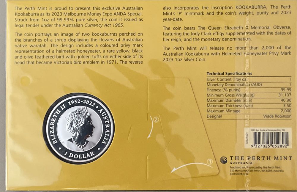 1oz Silver Coin Anda Melbourne Kookaburra Helmeted Privy  stamp collectible [Barcode 9327025052892] - Main Image 2