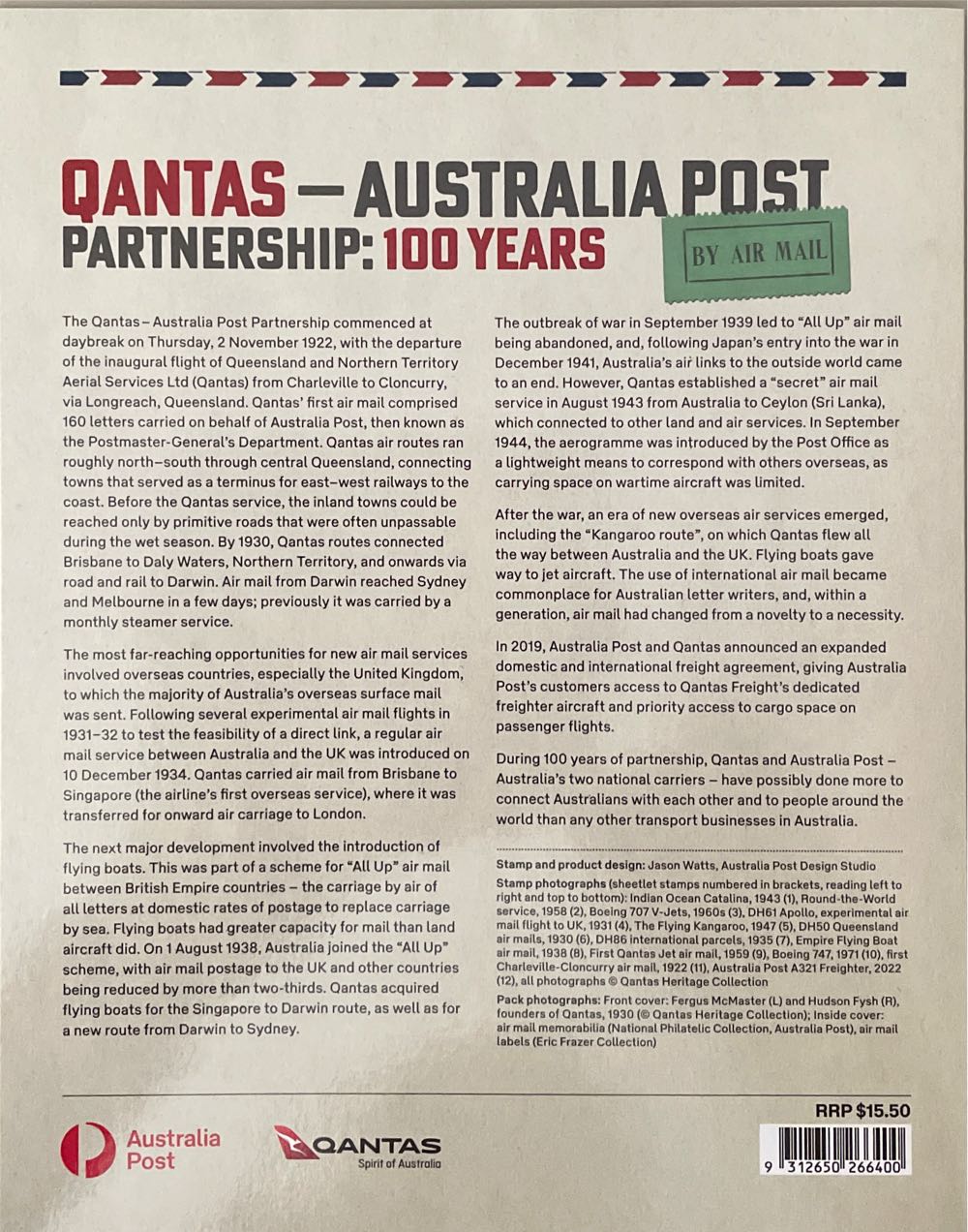 Pack Australia Post Partnership 100 Years S A S Qantas  stamp collectible [Barcode 9312650266400] - Main Image 2
