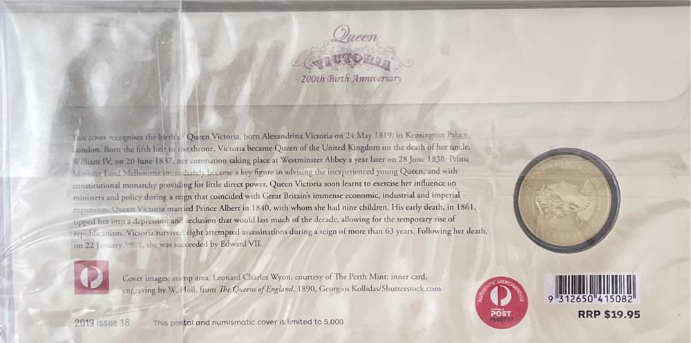 Pnc Australia Queen Victoria 200th Birth Anniversary Perth Mint $1 Coin  stamp collectible [Barcode 9312650415082] - Main Image 2