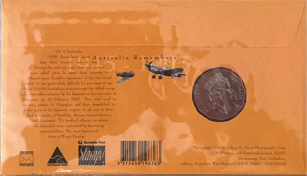 Remembers Pnc Australia Australia Remembers 50c Dunlop 50 Cent ”weary Dunlop” In Coin Weary 1945 First Day Of & Wwii 50th Anniversary Australian Cover: With Cents Bu End  stamp collectible [Barcode 9312650196363] - Main Image 2