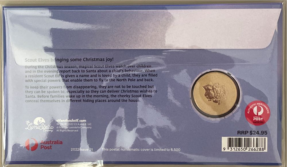 Pnc Australia The Elf On The Shelf Christmas Perth Mint Tuvalu $1 Coin  stamp collectible [Barcode 9312650266288] - Main Image 2
