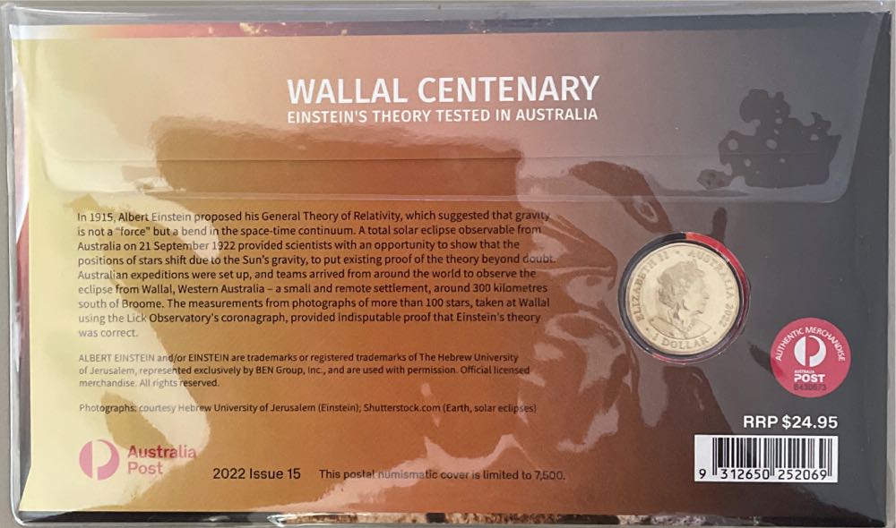 Pnc Australia Wallal Centenary Einstein’s Theory Tested In Au Ram $1 Coin  stamp collectible [Barcode 9312650252069] - Main Image 2