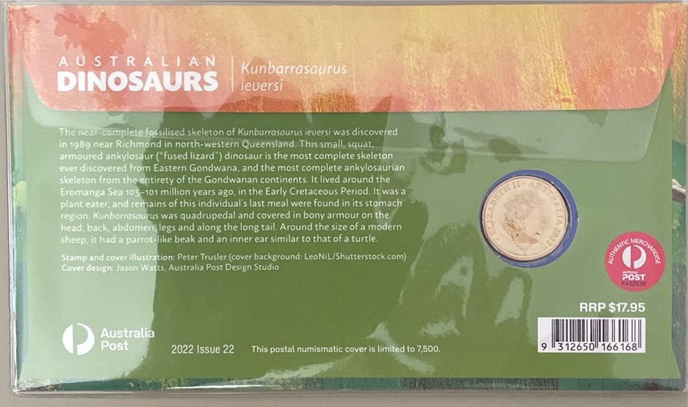 Issue 22 Dinosaurs Pnc Australia Australian Dinosaurs Kunbarrasaurus Ieversi Ram $1 Coin  stamp collectible [Barcode 9312650166168] - Main Image 2