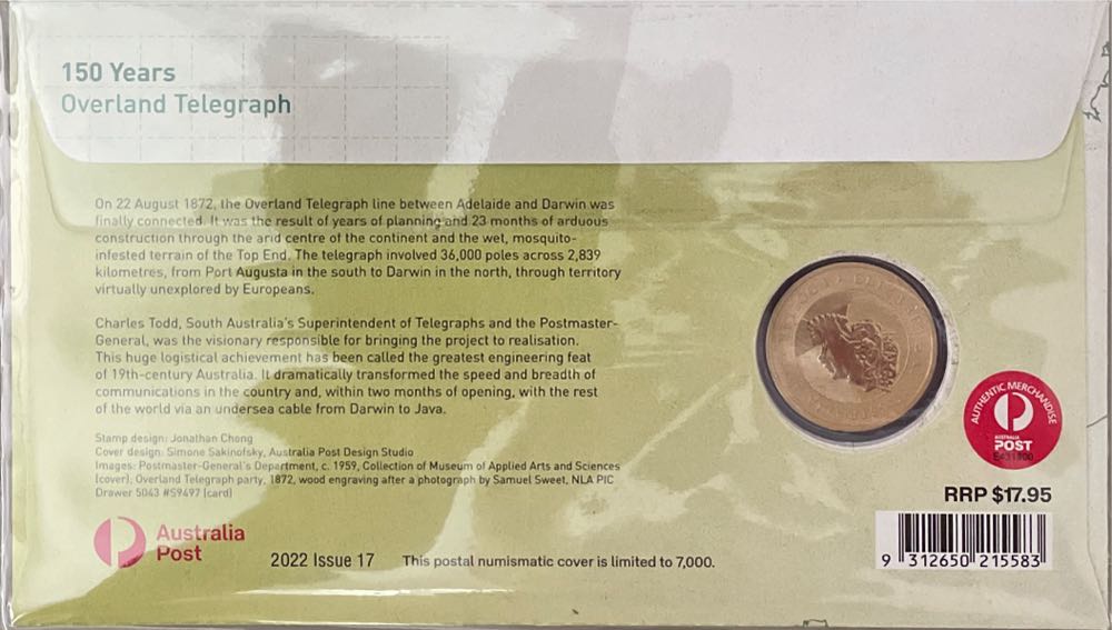Pnc Australia Overland Telegraph 150 Years Perth Mint $1 Commemorative Coin  stamp collectible [Barcode 9312650215583] - Main Image 2