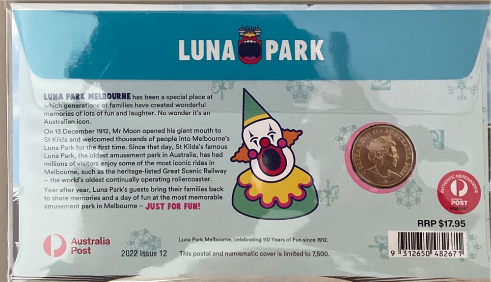 Pnc Australia Luna Park Melbourne 110 Years Of Fun Ram $1 ”l” Coin Pnc. Issue L E 7500. Cost $17.95 $1.00  stamp collectible [Barcode 9312650482671] - Main Image 2