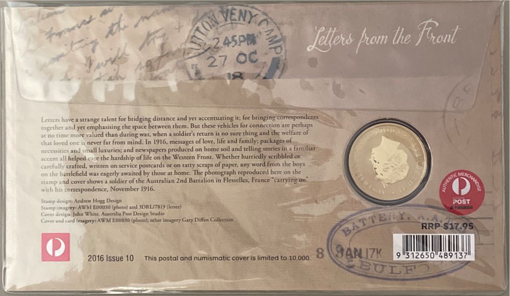 Pnc Australia Letters From The Front Centenary Of Ww1 Perth Mint $1 Coin  stamp collectible [Barcode 9312650489137] - Main Image 2