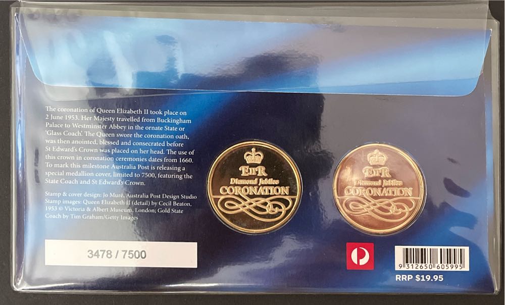 Pnc Australia Qe2 Diamond Jubilee Coronation 2 X Medallion Limited Ed 7500  stamp collectible [Barcode 9312650605995] - Main Image 2