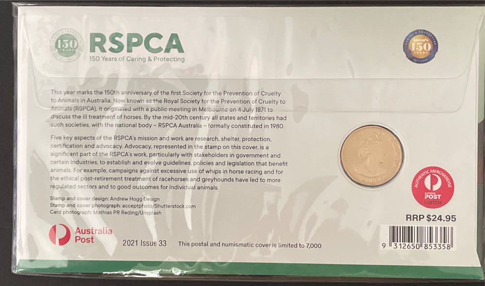 Australian Pnc Cover: Rspca 150 Years Caring & Protecting Ram $1 Coin Horse Rspca Colourd Coin Australia Of Colour  stamp collectible [Barcode 9312650853358] - Main Image 2