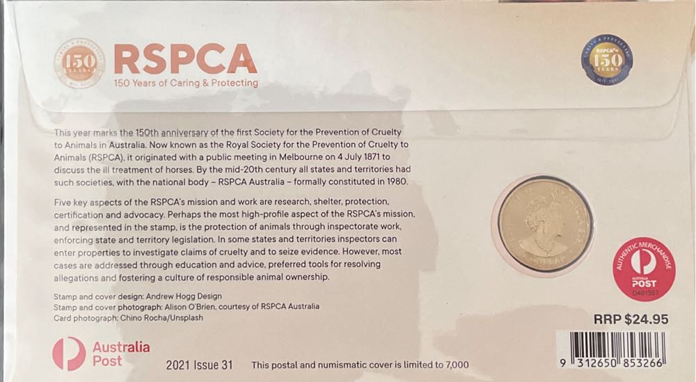 Pnc Australia Rspca 150 Years Caring & Protecting Ram $1 Coloured Coin Dog Of  stamp collectible [Barcode 9312650853266] - Main Image 2