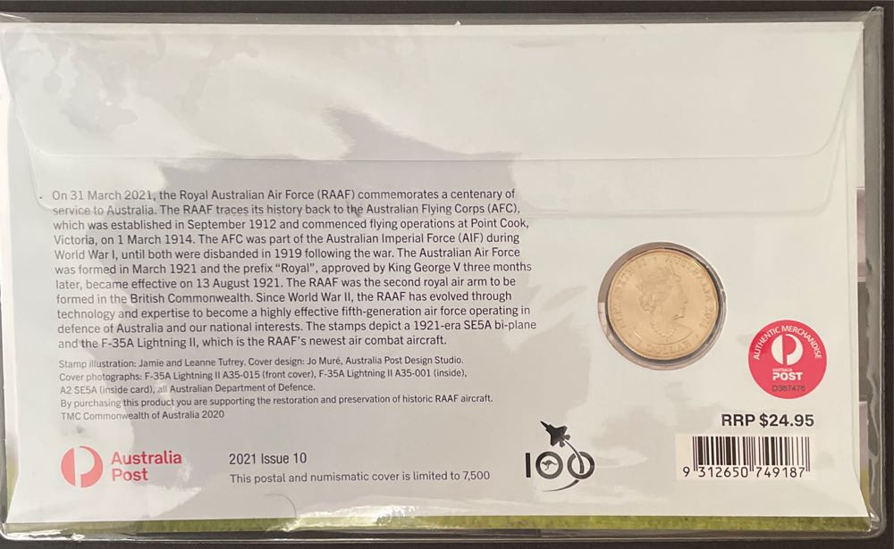 $1 Raaf Centenary Fdc Pnc Australia Royal Australian Air Force Raaf Centenary Ram $1 Coin Envelope Privy One Dollar  stamp collectible [Barcode 9312650749187] - Main Image 2