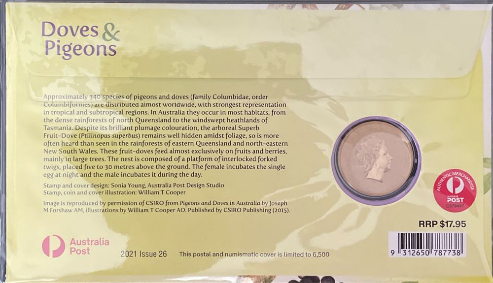 Australia Doves And Pigeons Pnc Tuvalu $1 Coin Coloured &  stamp collectible [Barcode 9312650787738] - Main Image 2