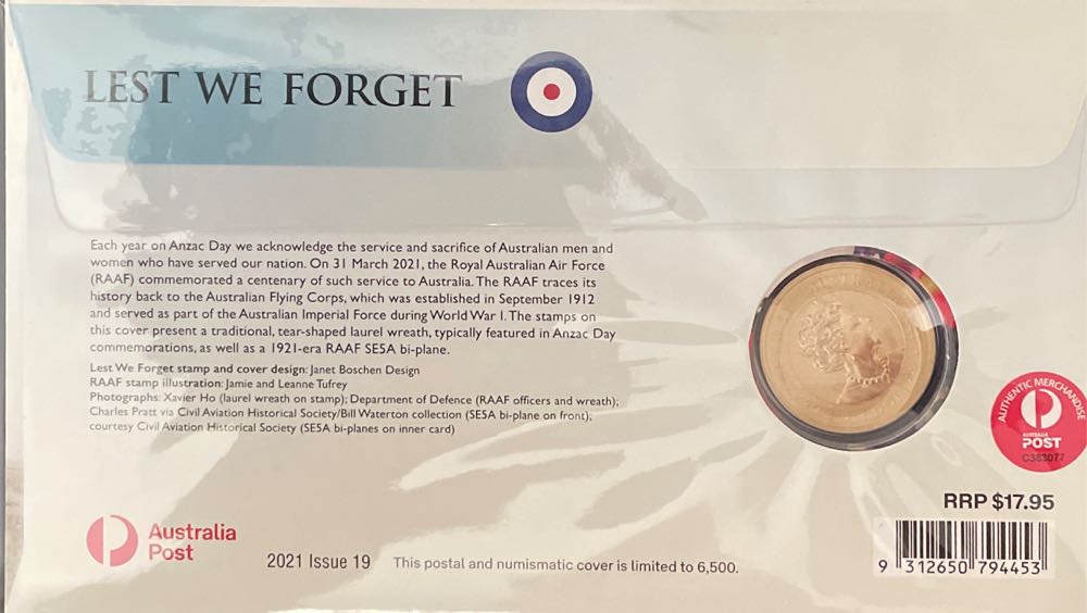 Australia Pnc Australia Lest We Forget Anzac Raaf Perth Mint $1 Coin Lest Commemorative Cover:  stamp collectible [Barcode 9312650794453] - Main Image 2