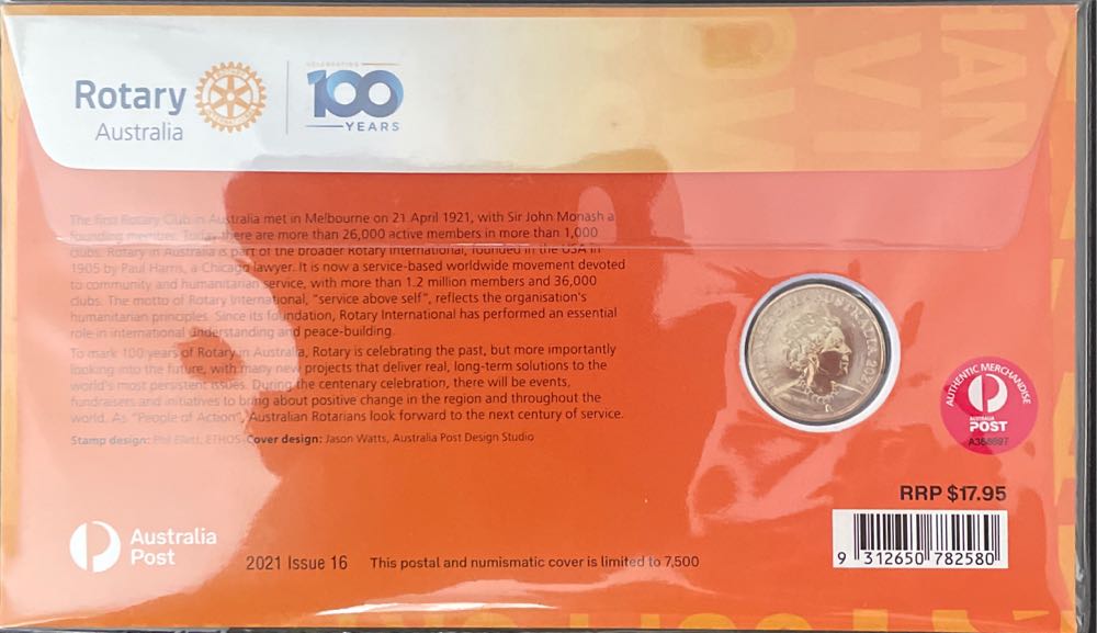 Pnc Australia Rotary In Australia Centenary 100 Years Ram $1 Colour Coin & Of Australian One Dollar Fdc  stamp collectible [Barcode 9312650782580] - Main Image 2