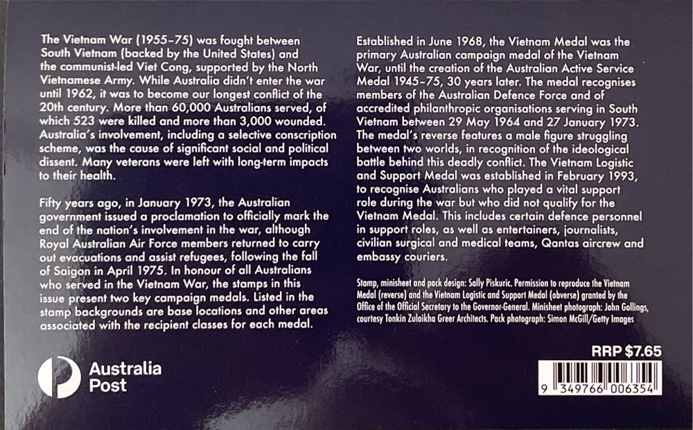 Australia Lest We Forget : The Vietnam War Set & Minisheet Mnh In Po Pack  stamp collectible [Barcode 9349766006354] - Main Image 2