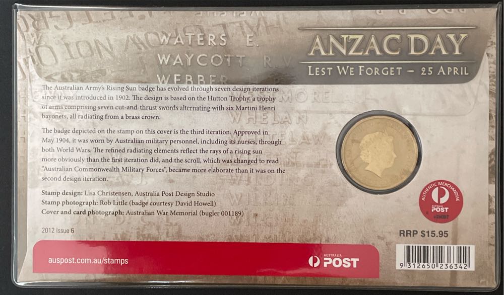 Australian Pnc Cover: Anzac Day Lest We Forget 25 April .. $1 Coin Australia Perth Mint Commemorative  stamp collectible [Barcode 9312650236342] - Main Image 2