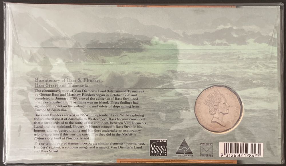 Flinders Bass & Flinders Australia Bicentenary Coin Strait 50c Pnc Tasmania Ram With Fdc Of  stamp collectible [Barcode 9312650128425] - Main Image 2