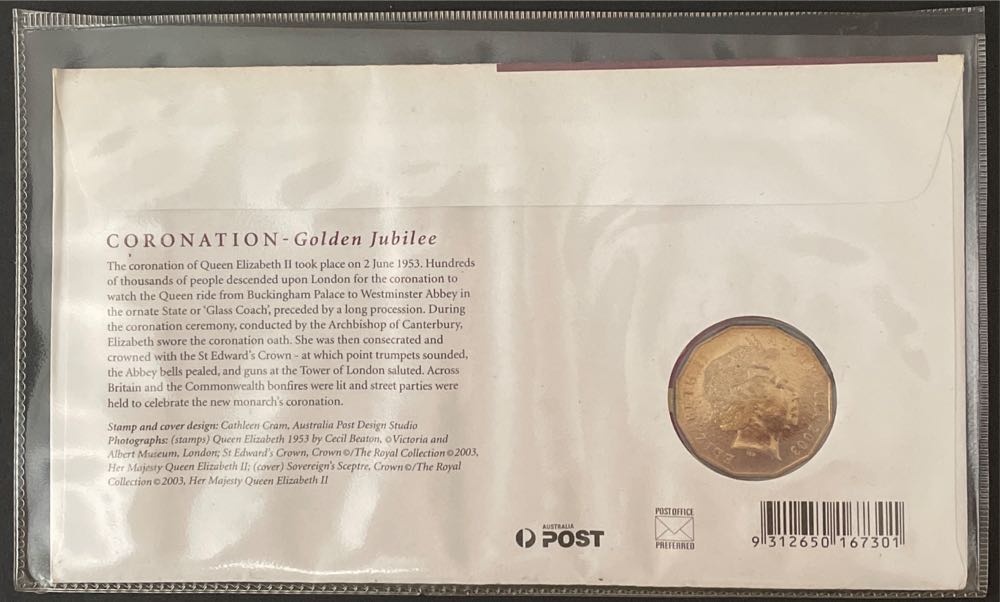 Australian Pnc 50 Cent Coronation Qeii Golden Jubilee 50th Anniversary Ram 50c Coin Australia Cover:  stamp collectible [Barcode 9312650167301] - Main Image 2