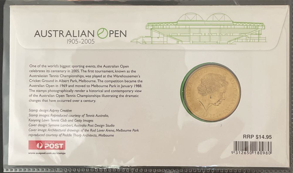 Australia Pnc Australian Open Tennis Centenary $5 Coin 1905 Fdc  stamp collectible [Barcode 9312650180980] - Main Image 2