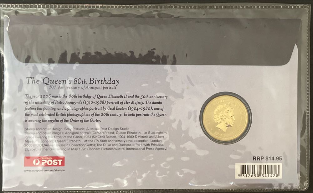 Australia Qeii Queen’s 80th Birthday Perth Mint 50c Coloured Coin Pnc Elizabeth Annigoni Portrait The  stamp collectible [Barcode 9312650341428] - Main Image 2