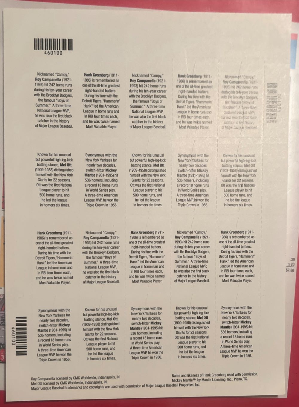 Legends of Baseball 20 of Major League All Century Team On 33 Cent Stamps Baseball Sluggers  stamp collectible - Main Image 2