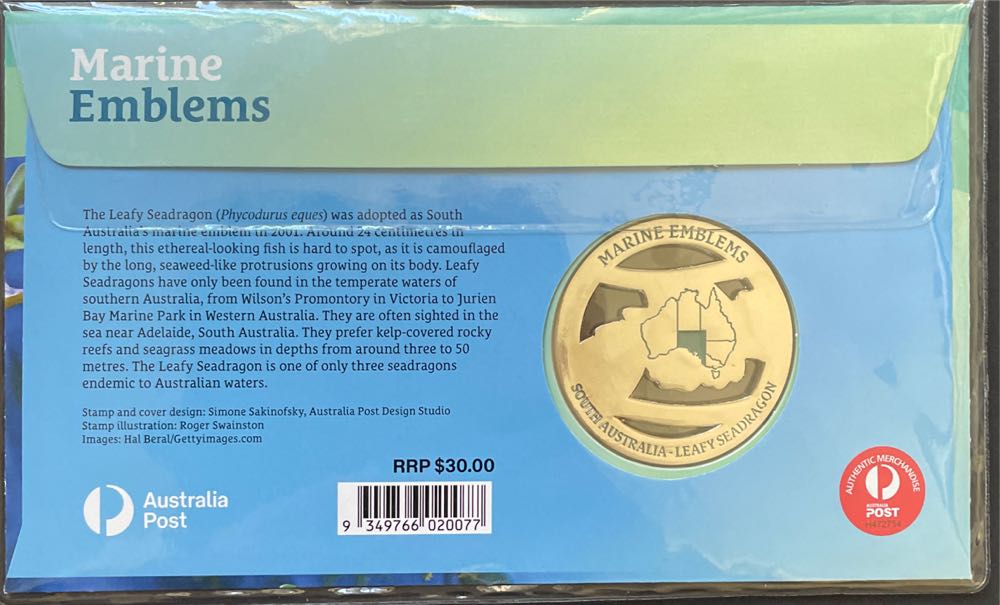 Marine Emblems Medallion Cover Sea dragon  stamp collectible [Barcode 9349766020077] - Main Image 2