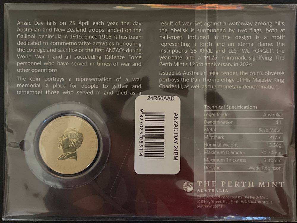 Australian: $1 King Charles Iii Anzac Day Lest We Forget April 25 Coin .  stamp collectible [Barcode 9327025055114] - Main Image 2