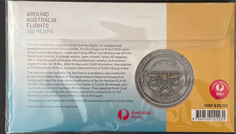 Around Australia Flights: 100 Years Medallion  stamp collectible [Barcode 9349766022231] - Main Image 2