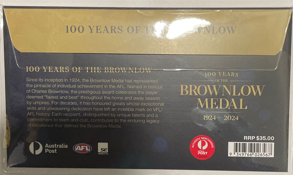 Pnc Australia Afl Brownlow Medal 100 Years Medallion Limited Ed # 934  stamp collectible [Barcode 9349766026567] - Main Image 2