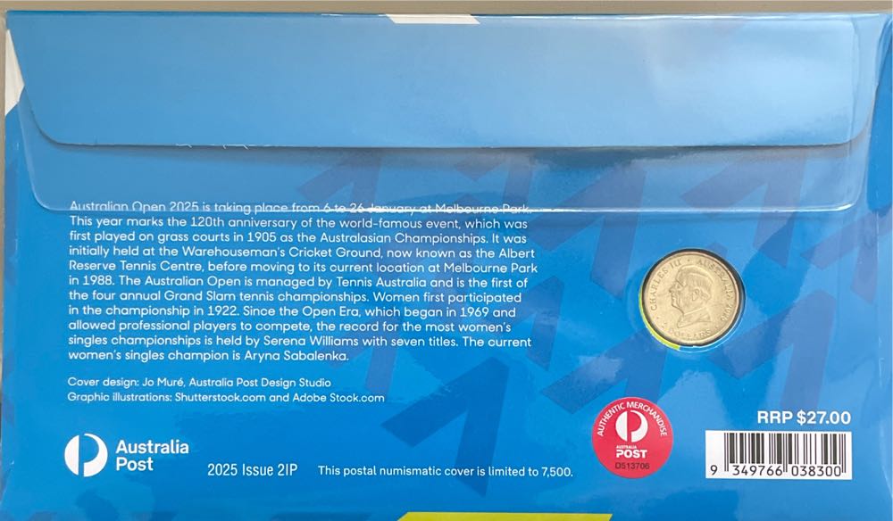 $2 Coloured Coin Open Pnc Women’s Australian Australia Tennis  stamp collectible [Barcode 9349766038300] - Main Image 2