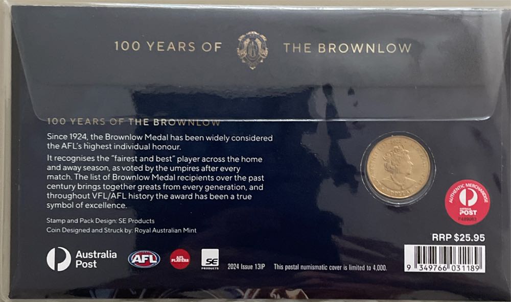 Pnc Australia Afl Brownlow Medal 100 Years Ram $1 Commemorative Coin  stamp collectible [Barcode 9349766031189] - Main Image 2