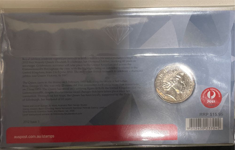 Australian Pnc: 50 Cent Queen Elizabeth Ii Diamond Jubilee Coin .. Pnc Cover:  stamp collectible [Barcode 9312650237042] - Main Image 2