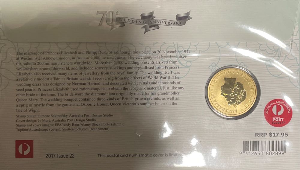 Australian Pnc Cover: $1 70th Wedding Anniversary Coin &  stamp collectible [Barcode 9312650802899] - Main Image 2
