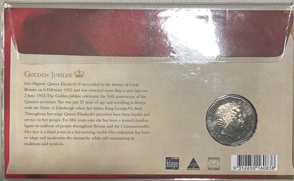 Australian Pnc: 50 Cent Golden Jubilee Accession Coin Pnc Qeii Australia Queen Elizabeth Ii 50c  stamp collectible [Barcode 9312650160838] - Main Image 2